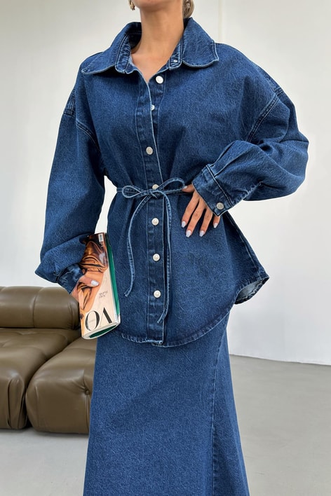 İp Kemerli Oversize Jean Gömlek Mavi