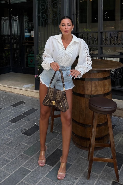 İşlemeli Balon Kol Gömlek Beyaz