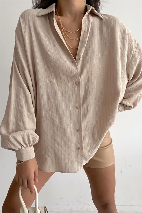 İşlemeli Oversize Gömlek Bej