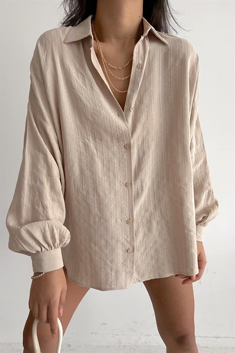 İşlemeli Oversize Gömlek Bej
