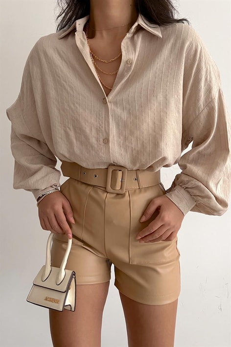 İşlemeli Oversize Gömlek Bej