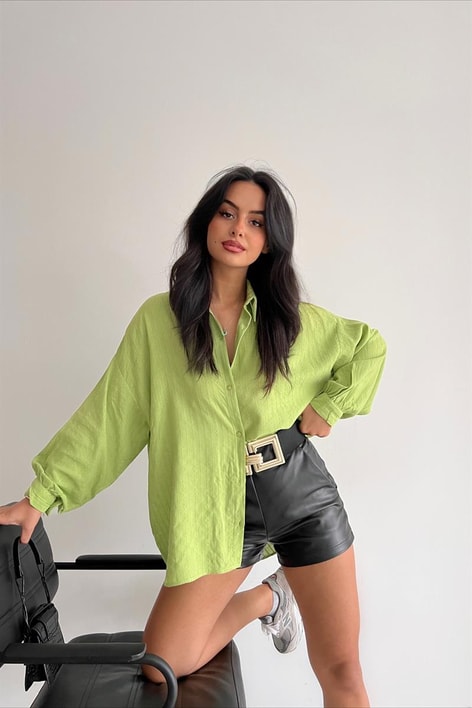 İşlemeli Oversize Gömlek Fıstık Yeşili
