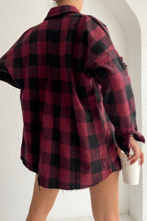Kare Desen Saçaklı Gömlek Bordo