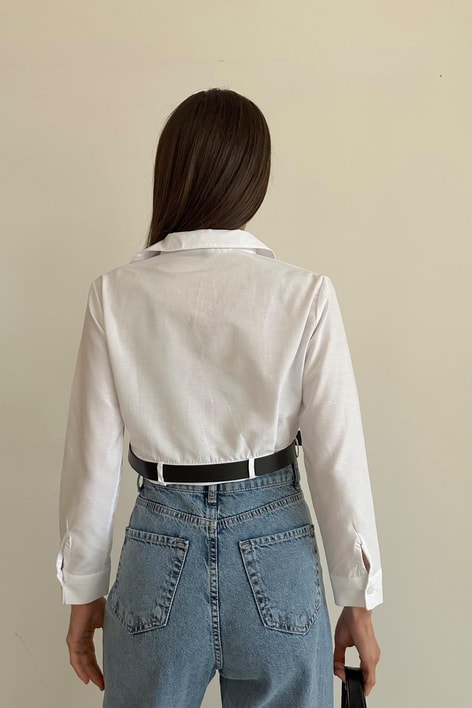 Kemerli Poplin Crop Gömlek Beyaz