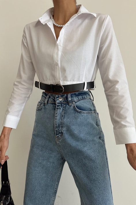 Kemerli Poplin Crop Gömlek Beyaz