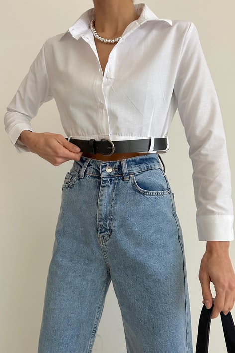 Kemerli Poplin Crop Gömlek Beyaz