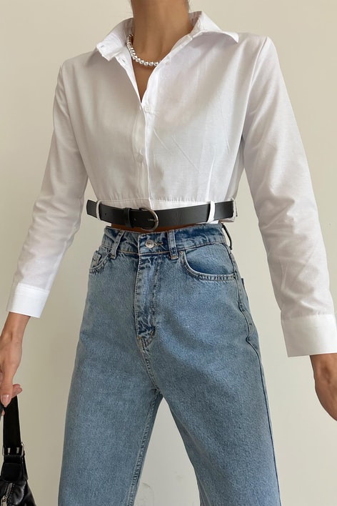 Kemerli Poplin Crop Gömlek Beyaz