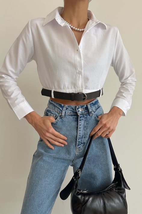 Kemerli Poplin Crop Gömlek Beyaz