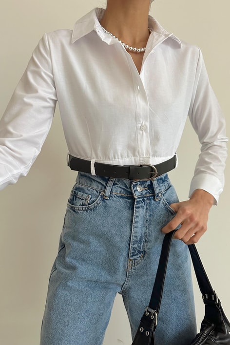 Kemerli Poplin Crop Gömlek Beyaz