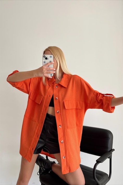 Kemik Düğmeli Cep Detay Gömlek Oranj
