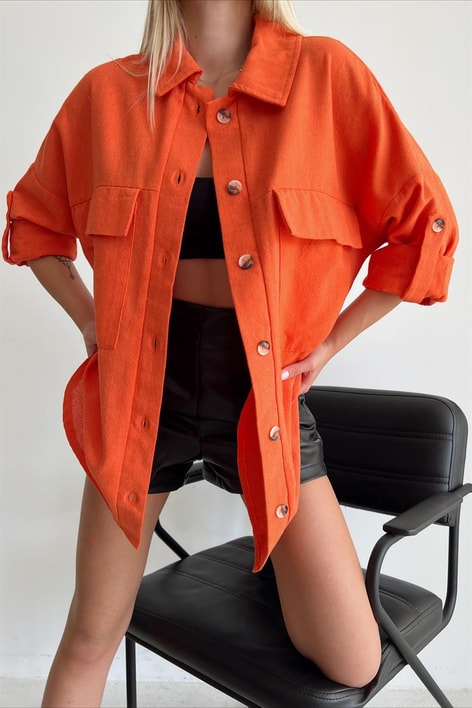 Kemik Düğmeli Cep Detay Gömlek Oranj
