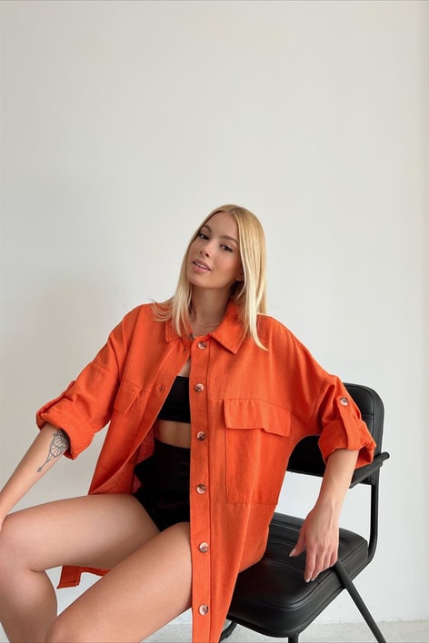 Kemik Düğmeli Cep Detay Gömlek Oranj
