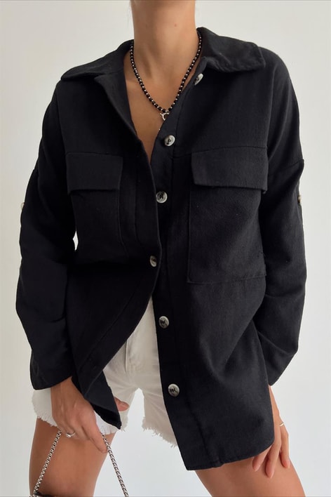Kemik Düğmeli Cep Detay Gömlek Siyah