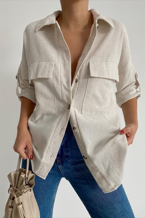 Kemik Düğmeli Cep Detay Gömlek Taş