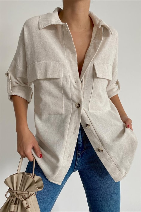 Kemik Düğmeli Cep Detay Gömlek Taş