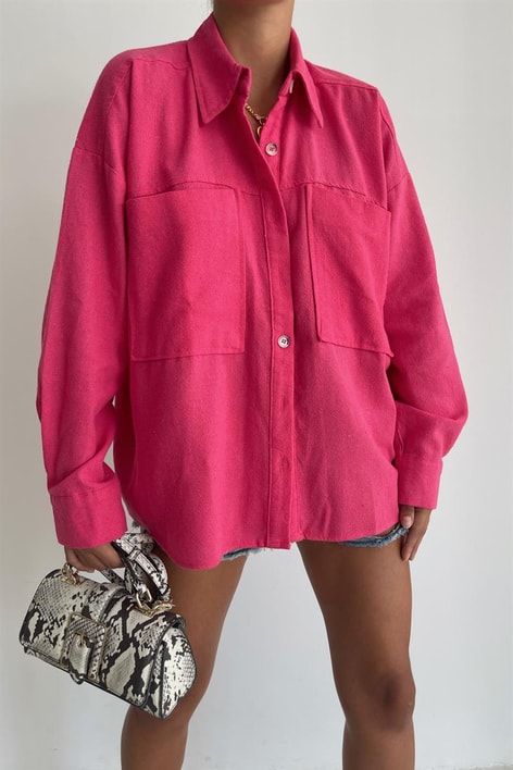 Kemik Düğmeli Ham Keten Gömlek Fuşya