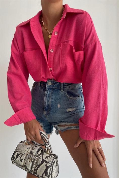 Kemik Düğmeli Ham Keten Gömlek Fuşya