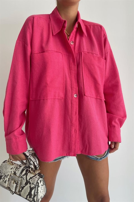 Kemik Düğmeli Ham Keten Gömlek Fuşya