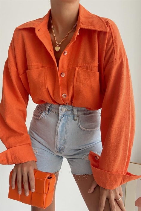 Kemik Düğmeli Ham Keten Gömlek Oranj