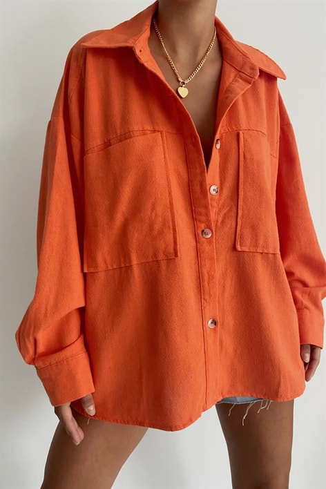 Kemik Düğmeli Ham Keten Gömlek Oranj