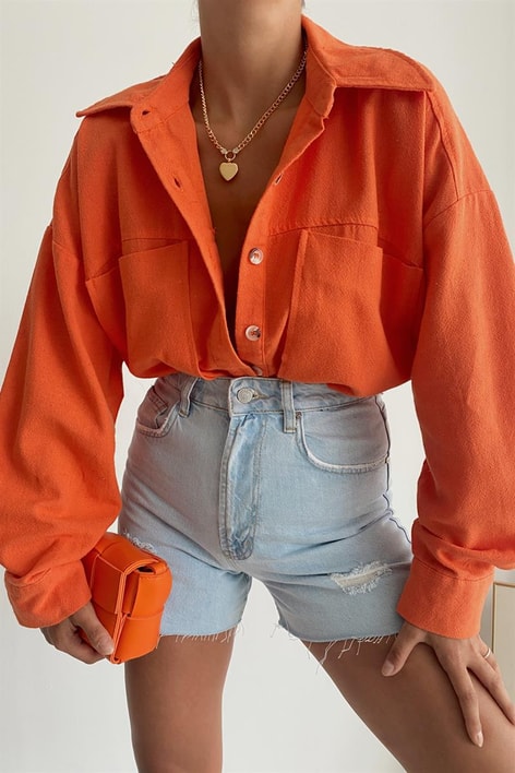 Kemik Düğmeli Ham Keten Gömlek Oranj