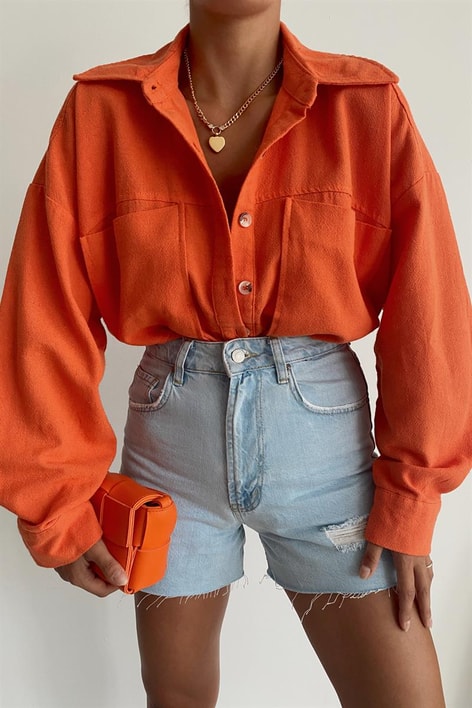 Kemik Düğmeli Ham Keten Gömlek Oranj