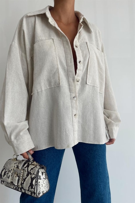 Kemik Düğmeli Ham Keten Gömlek Taş