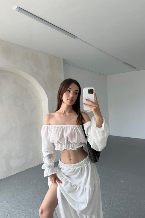 Keten Büzgülü Crop Bluz Beyaz