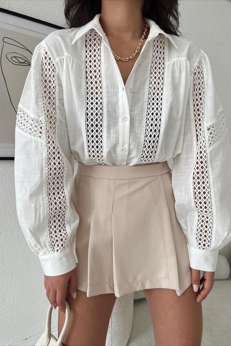 Keten Örgü Model Gömlek Krem