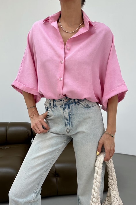 Keten Oversize Gömlek Pembe