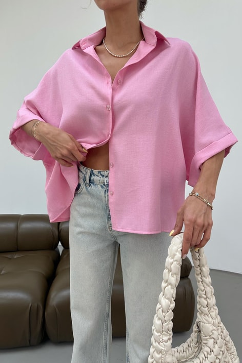 Keten Oversize Gömlek Pembe