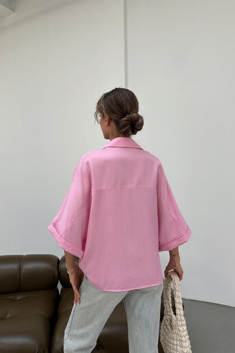 Keten Oversize Gömlek Pembe