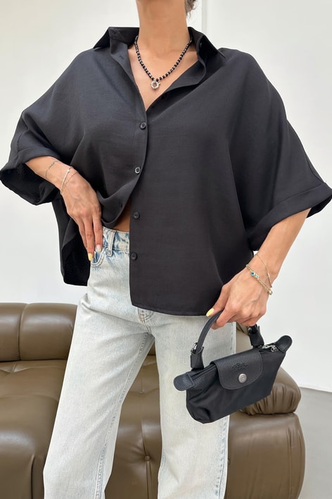Keten Oversize Gömlek Siyah