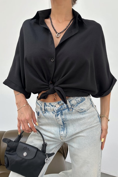 Keten Oversize Gömlek Siyah