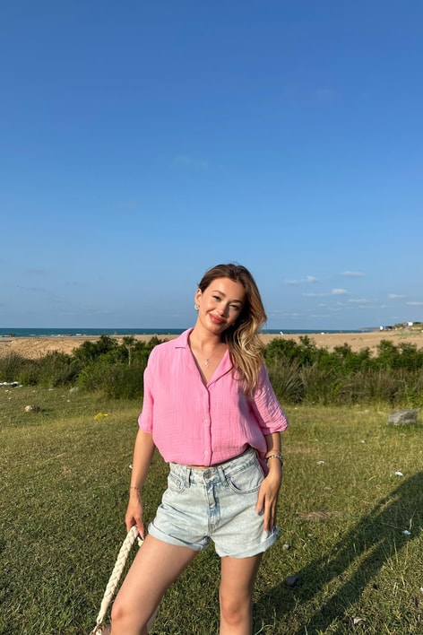 Kısa Kollu Müslin Gömlek Pembe