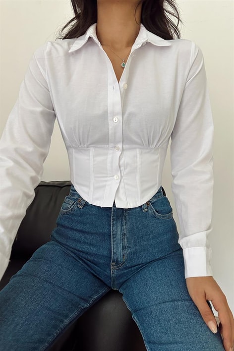 Korsaj Oval Crop Gömlek Beyaz