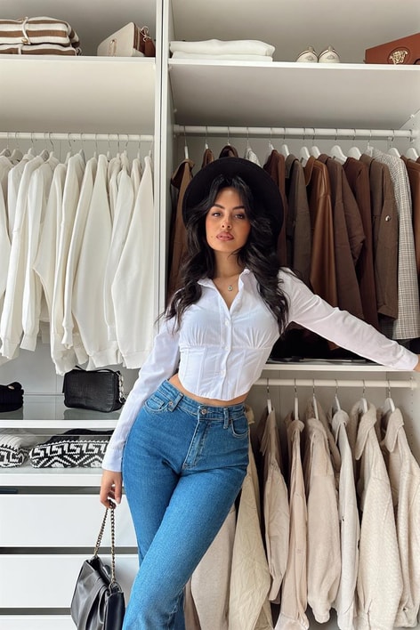 Korsaj Oval Crop Gömlek Beyaz