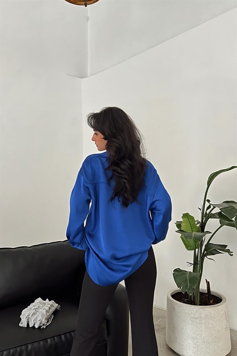 Krep Kumaş Basic Saten Gömlek Saks Mavisi