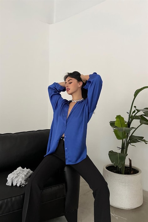Krep Kumaş Basic Saten Gömlek Saks Mavisi