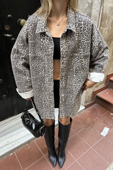 Leopar Desen Oversize Gömlek Kahve