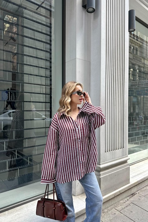 Linen Oversized Gömlek Bordo