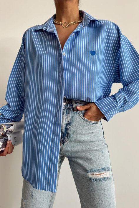 Mini Kalp Detaylı Çizgili Gömlek Mavi