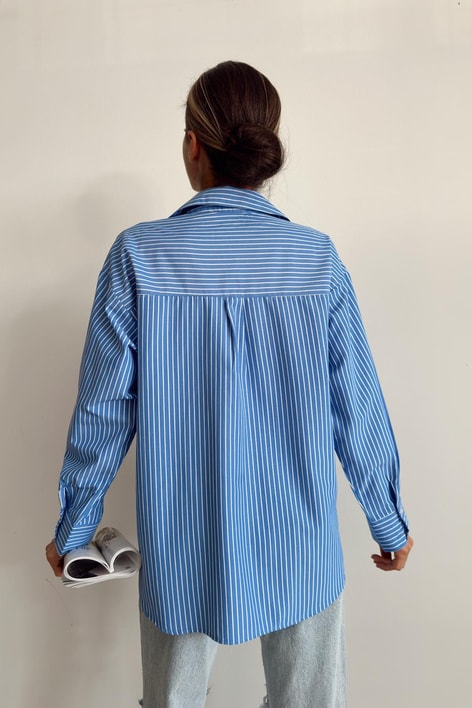 Mini Kalp Detaylı Çizgili Gömlek Mavi