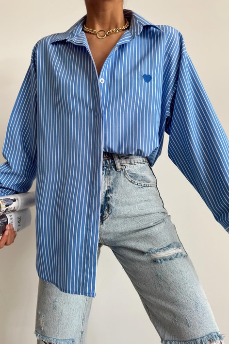 Mini Kalp Detaylı Çizgili Gömlek Mavi