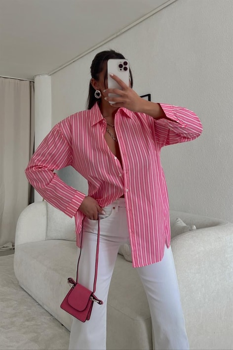 Mykonos Çizgili Gömlek Pembe