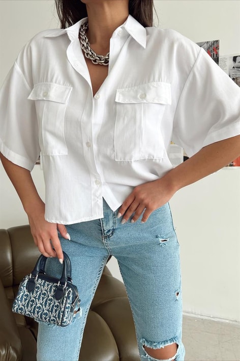 Ön Cep Detaylı Salaş Gömlek Beyaz