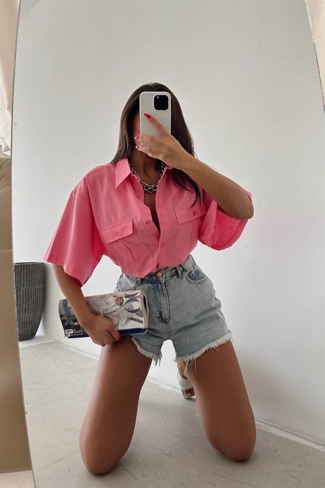 Ön Cep Detaylı Salaş Gömlek Pembe