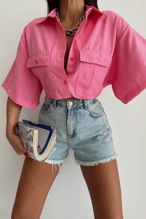 Ön Cep Detaylı Salaş Gömlek Pembe