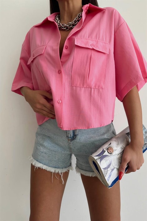 Ön Cep Detaylı Salaş Gömlek Pembe