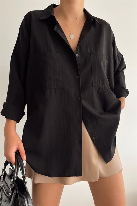 Oval Kesim Basic Gömlek Siyah